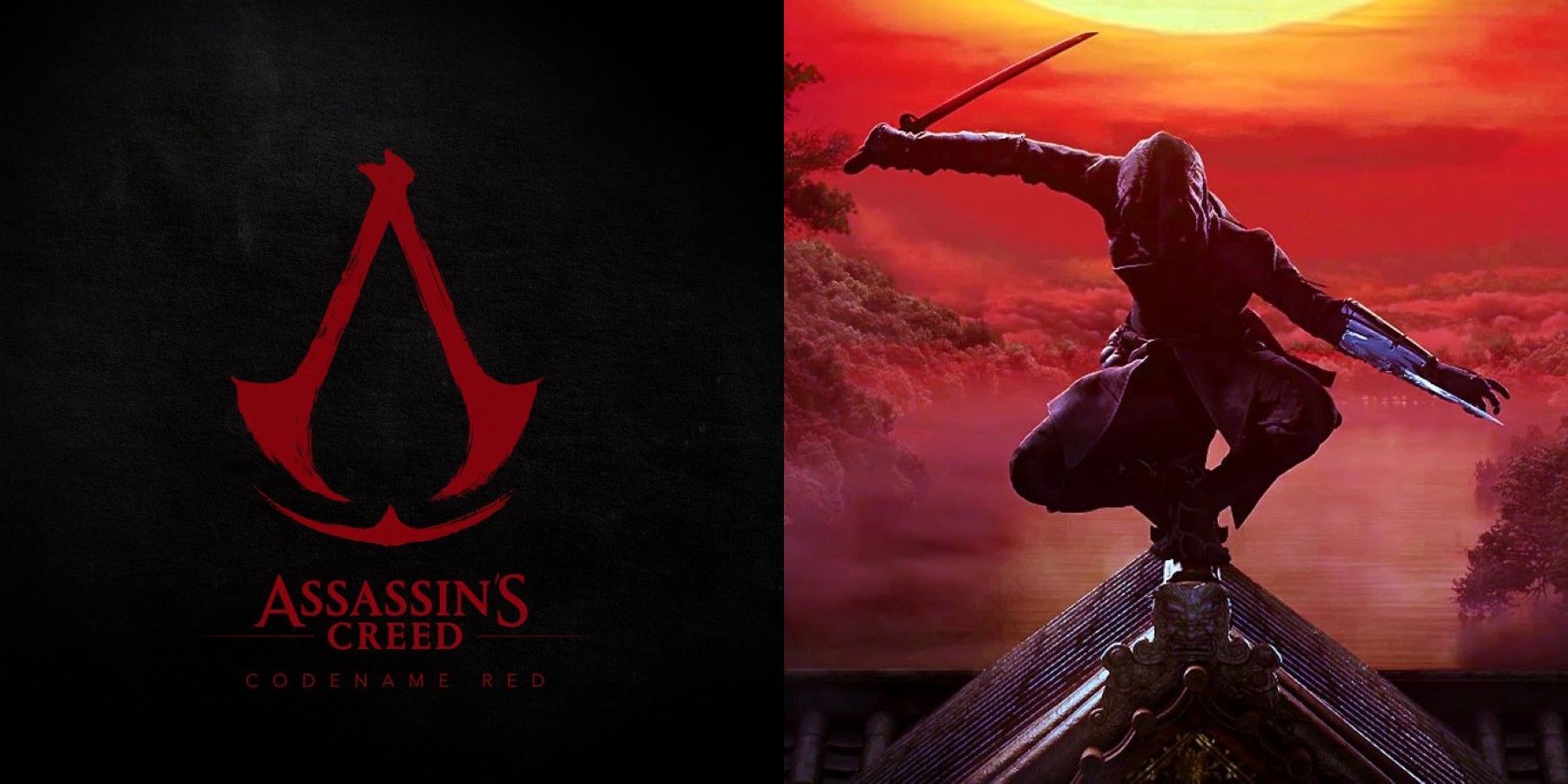 Assassins Creed Red logo with shinobi on rooftop