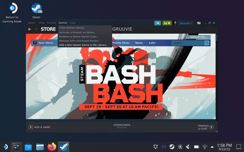 In the Steam window, the Games menu is open with Add a Non-Steam Game to my Library... highlighted.