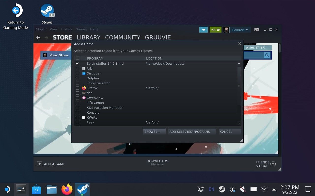 A window appearing over the Steam interface. One of the available buttons is Add Selected Programs.
