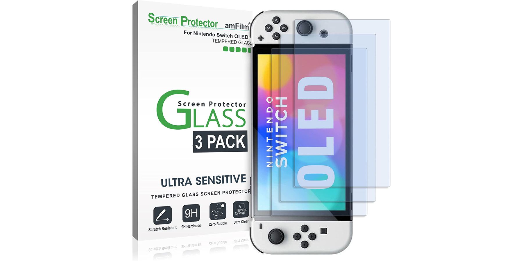 Защитная пленка для экрана из закаленного стекла amFilm, совместимая с Nintendo Switch OLED, модель 2021 г.