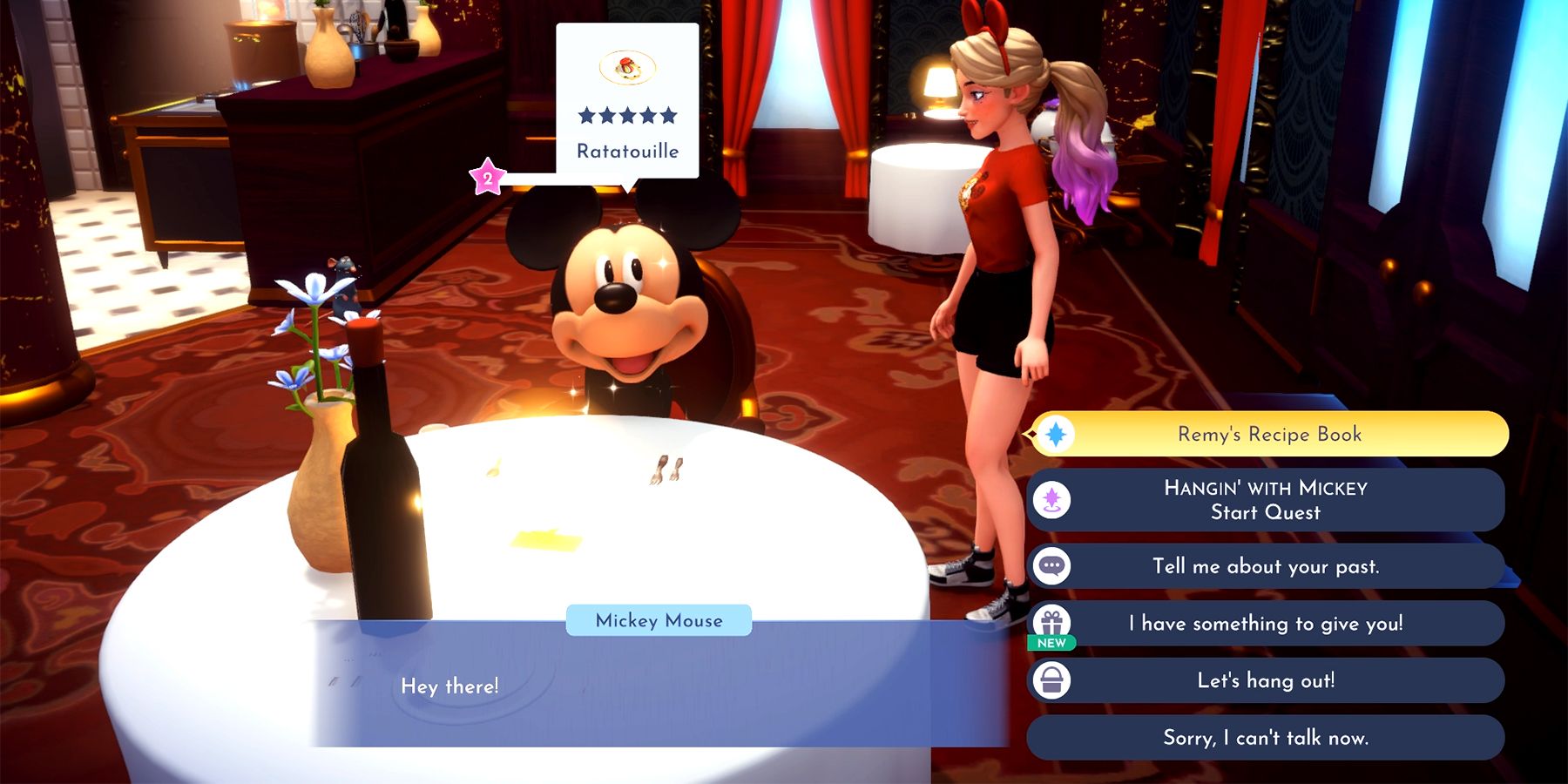 asking mickey about the recipe books in disney dreamlight valley