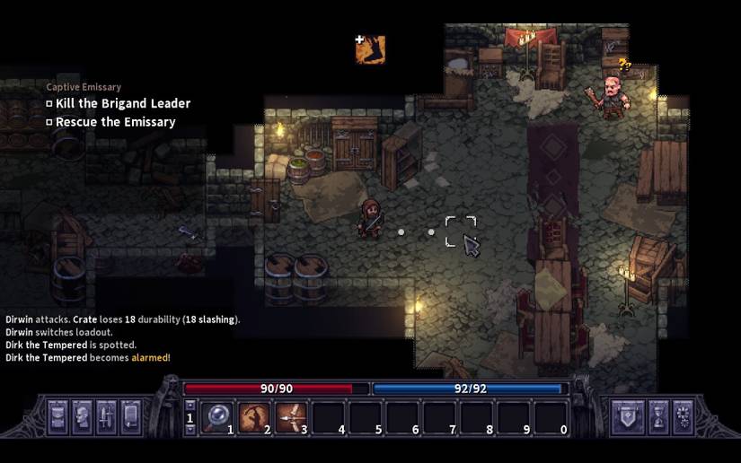 The bandit leader is alarmed and about to approach the character for combat.