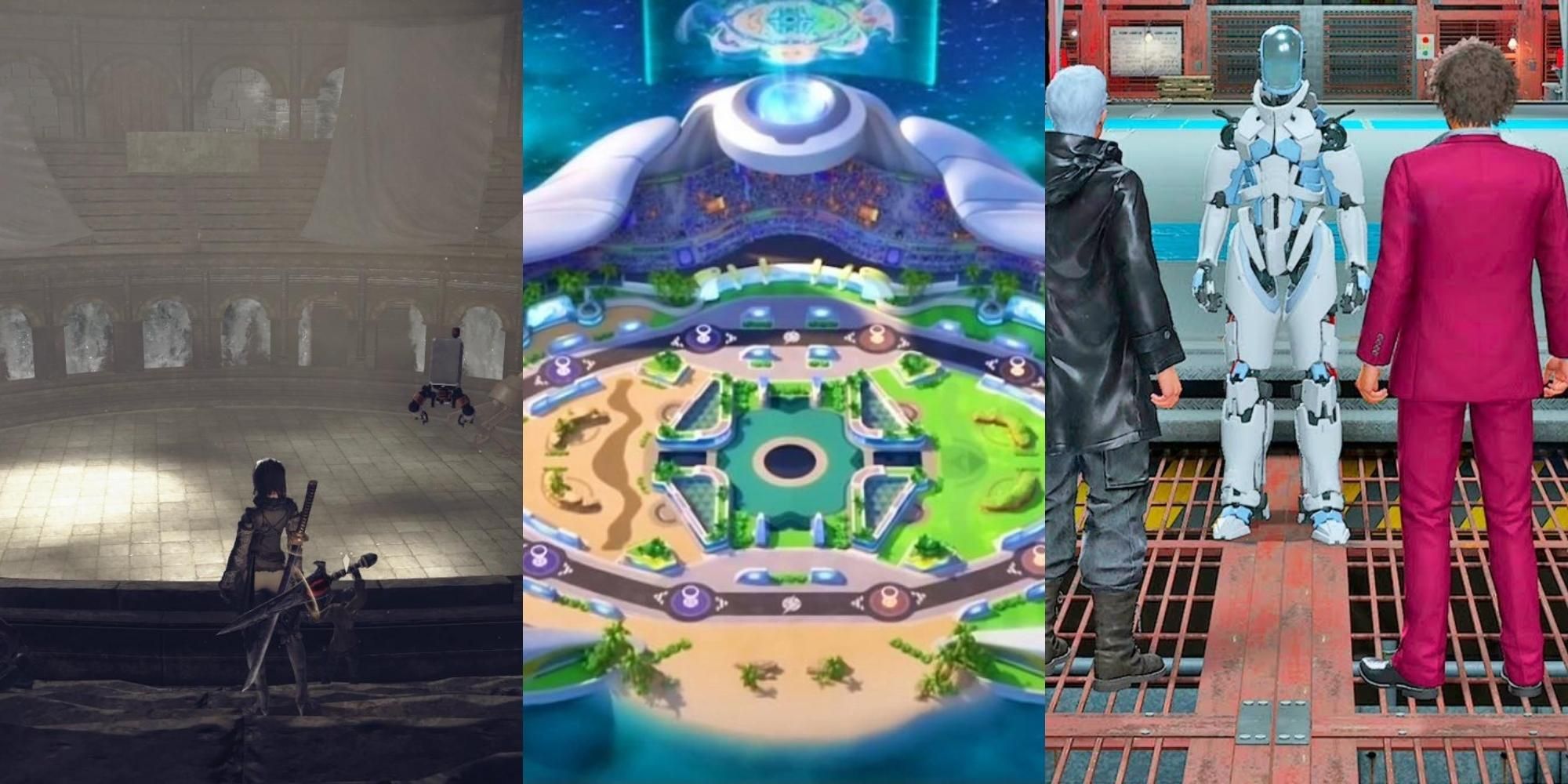 battle arena in NieRAutomata, battle arena in Pokémon Unite, battle arena in Yakuza Like A Dragon