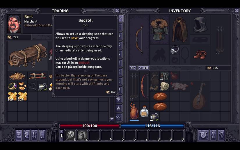 The description for the Bedroll object which takes up a 4x3 grid in the player's inventory.