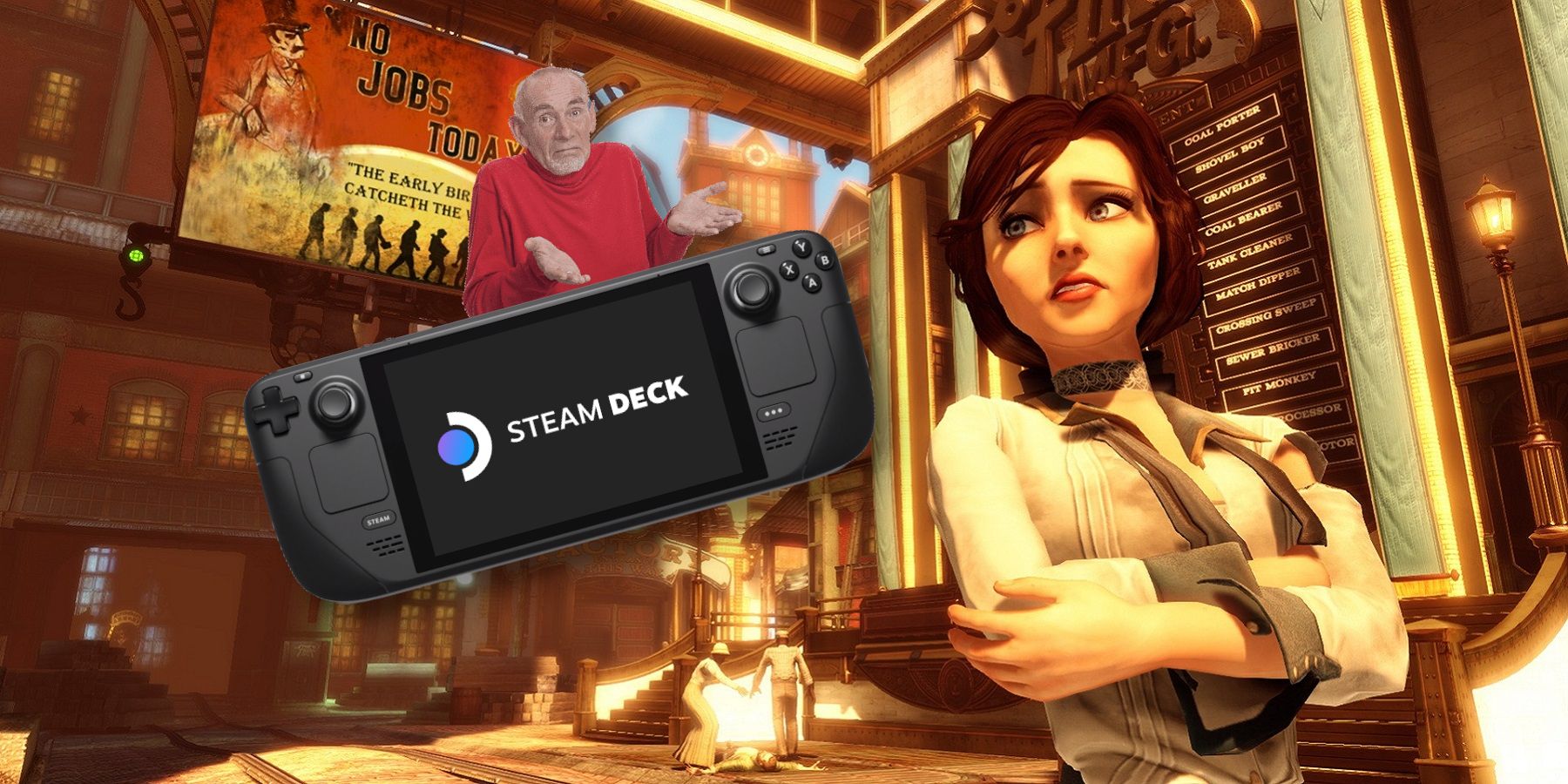Image showing Elizabeth from Bioshock Infinite looking at a floating Steam Deck as a tiny man shrugs behind it.