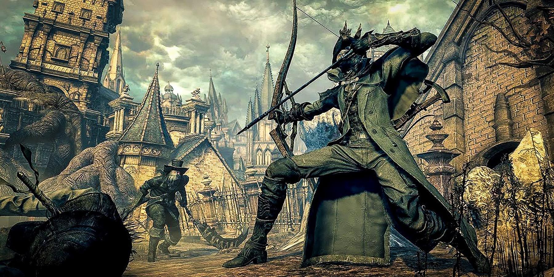 The Hunter aims a bow and arrow in Bloodborne