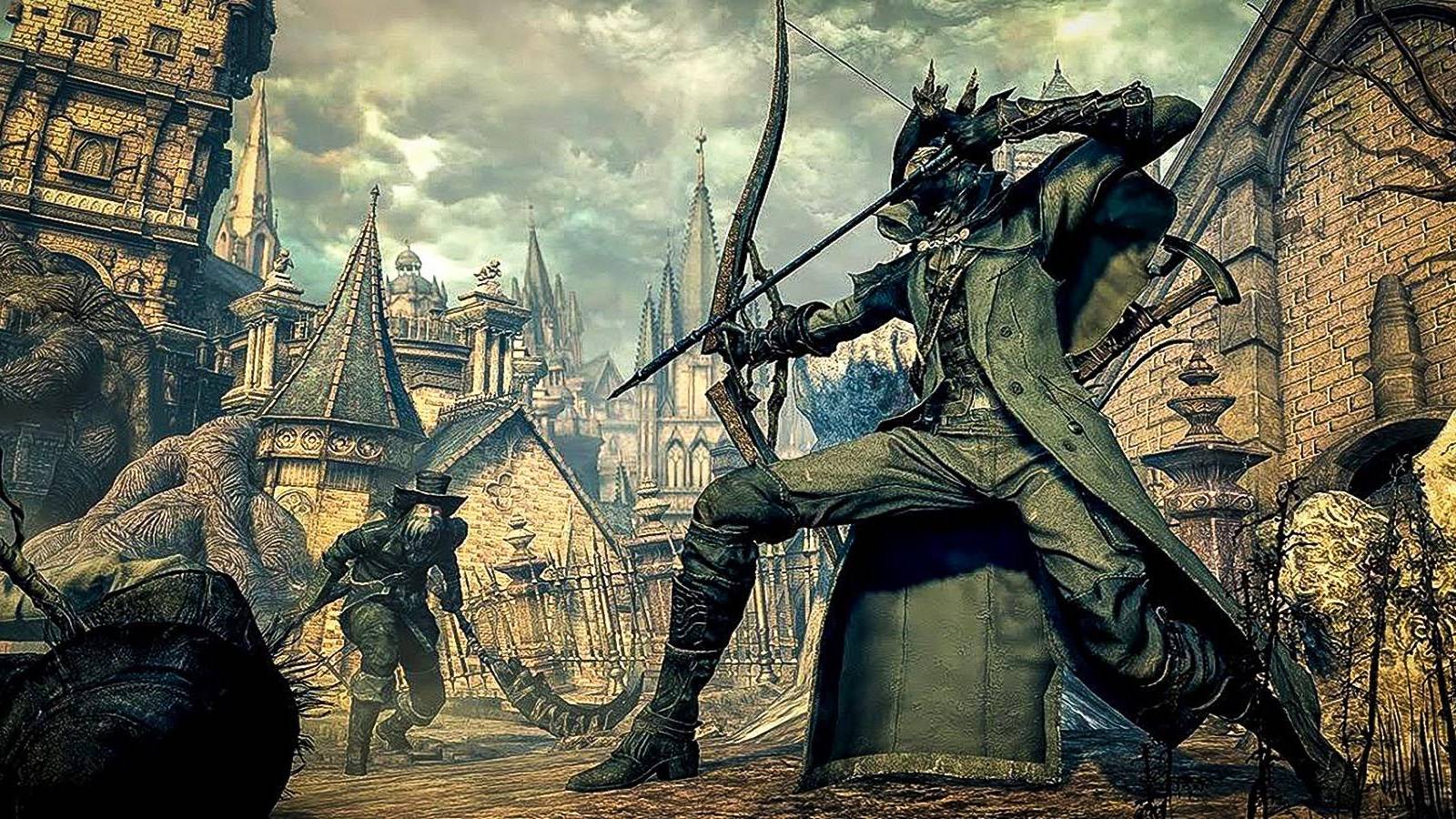 The Hunter aims a bow and arrow in Bloodborne