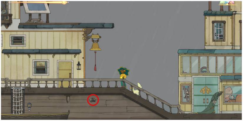 Spiritfarer gameplay in the rain with an empty shell item circled