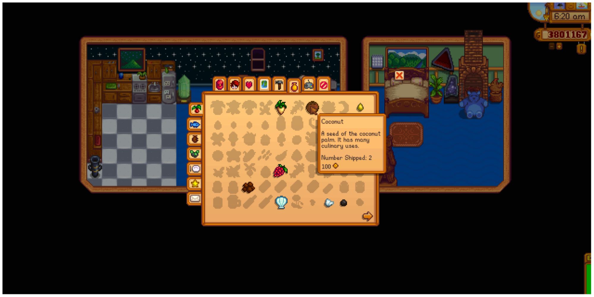 Stardew Valley collections tab with coconut selected