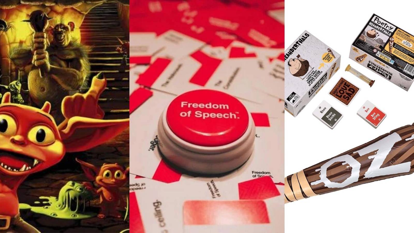 cover of Dungeon Lords, components of Freedom of Speech, components of Poetry for Neanderthals