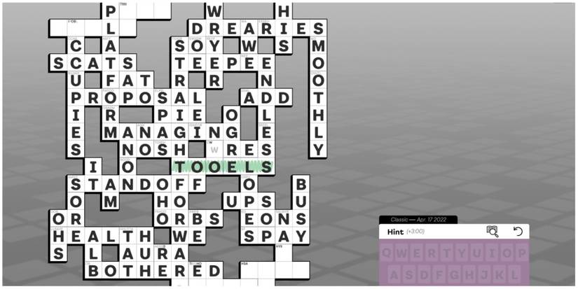 Knotwords gameplay with several words completed and a green highlight on a misspelled word