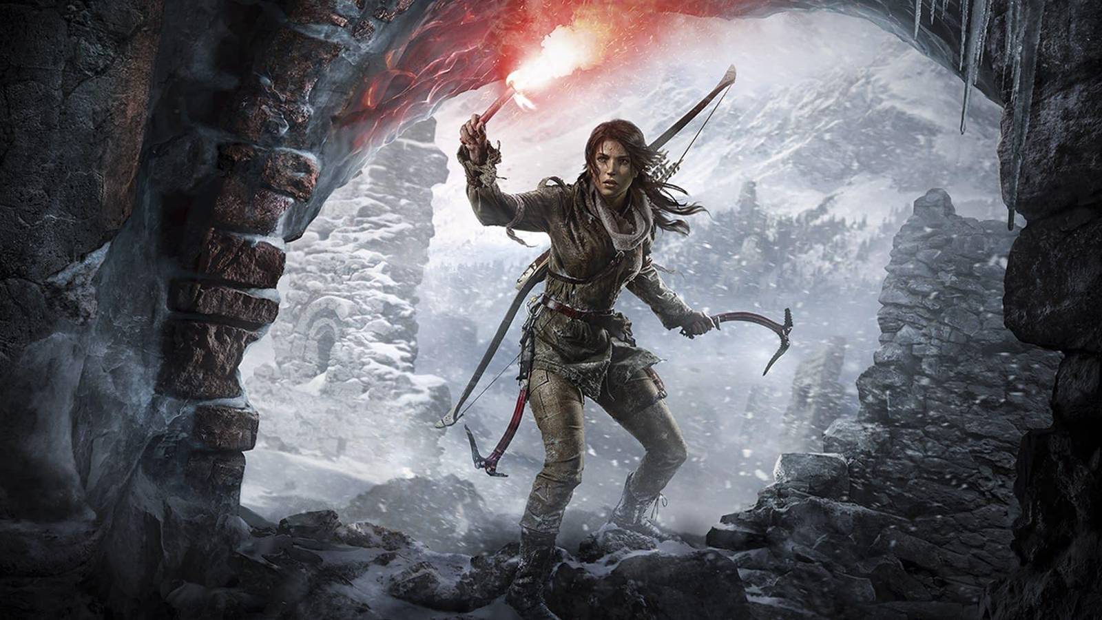 Lara Croft looking in a cave while holding a flare and a climbing axe in Rise of The Tomb Raider
