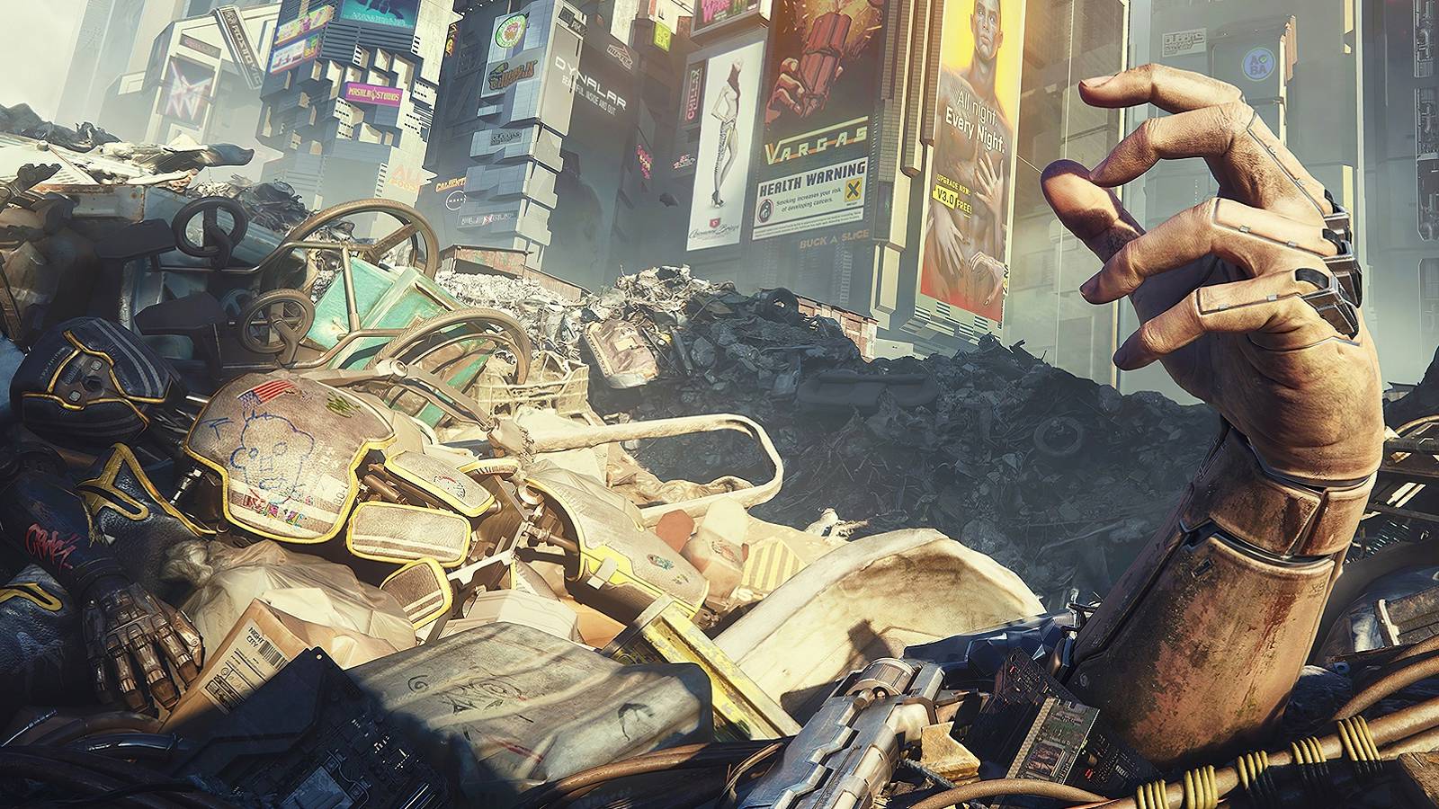 Image from Cyberpunk 2077 showing an arm sticking out of a pile of trash.