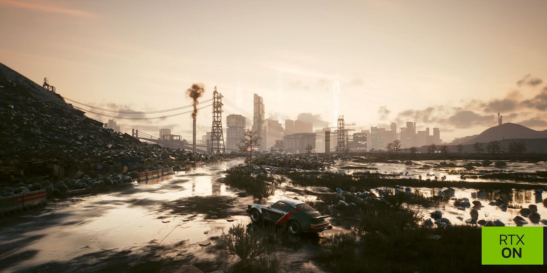 Screenshot from Cyberpunk 2077 with a car parked in the middle of nowhere, and Night City off in the distance.