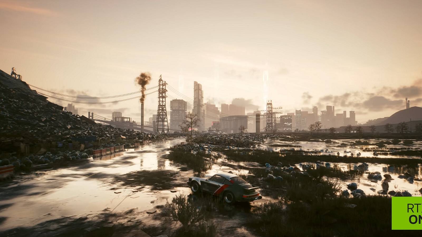 Screenshot from Cyberpunk 2077 with a car parked in the middle of nowhere, and Night City off in the distance.