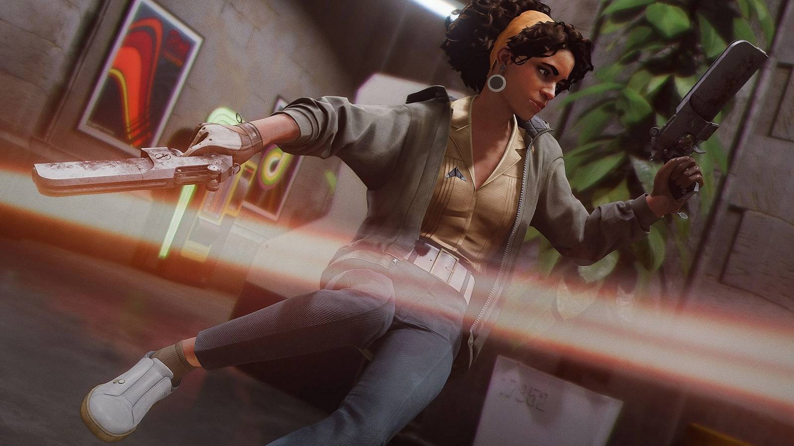 Image from Deathloop showing Julianna dodging a bullet.