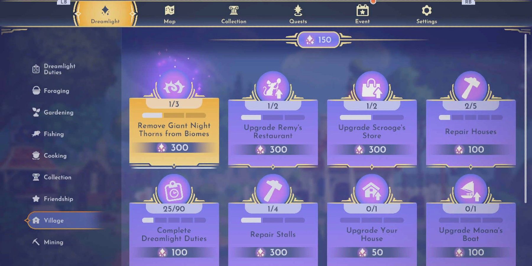 disney dreamlight menu