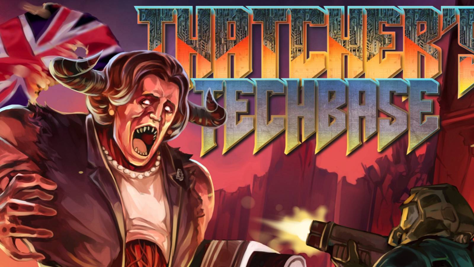 Title screen for a Doom 2 mod called Thatcher's Techbase, showing Doom Guy shooting at a demonic Margaret Thatcher.