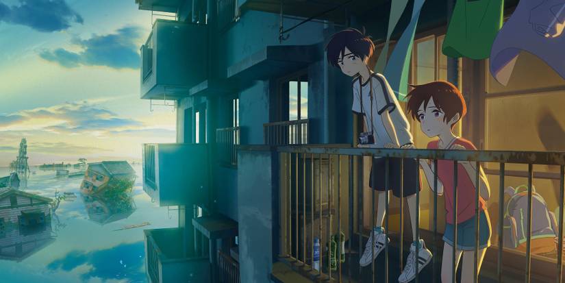 Two characters leaning on a balony in Drifting Home