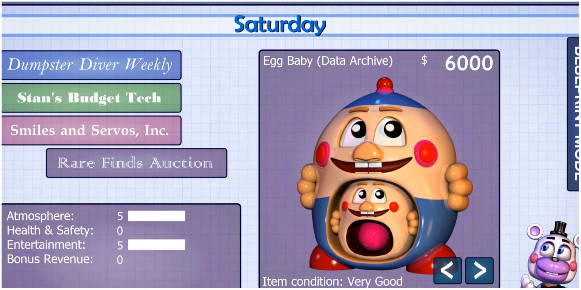 FNAF 6 catalogue listing for Egg Baby (Data Archive) animatronic