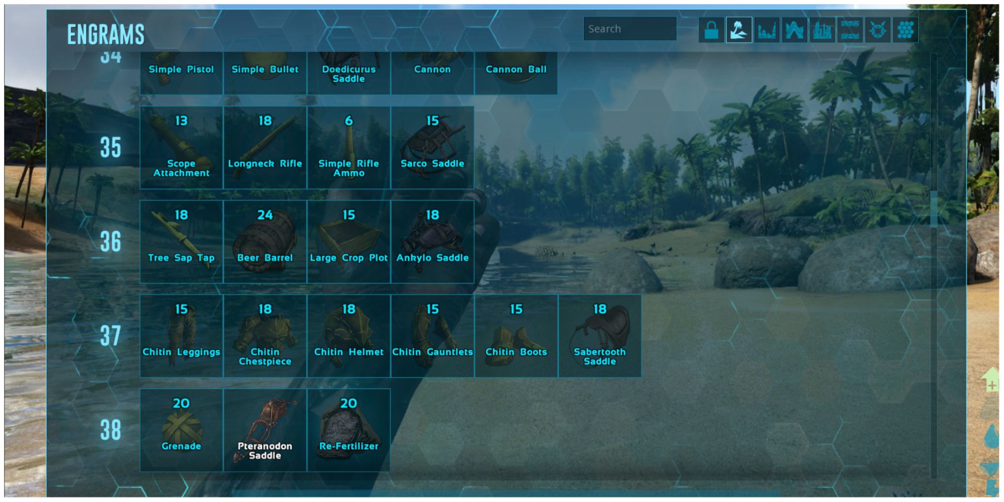 ARK Survival Evolved engrams screen showing tiers 35, 36, 37 & 38
