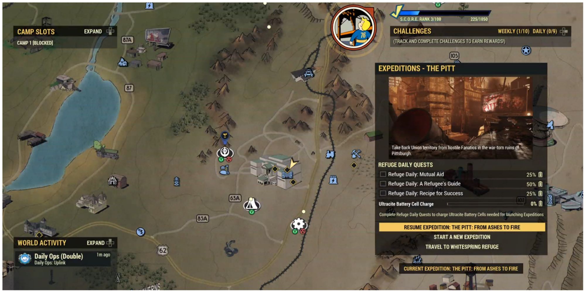 Fallout 76 map screen with Pitt expeditions submenu opened