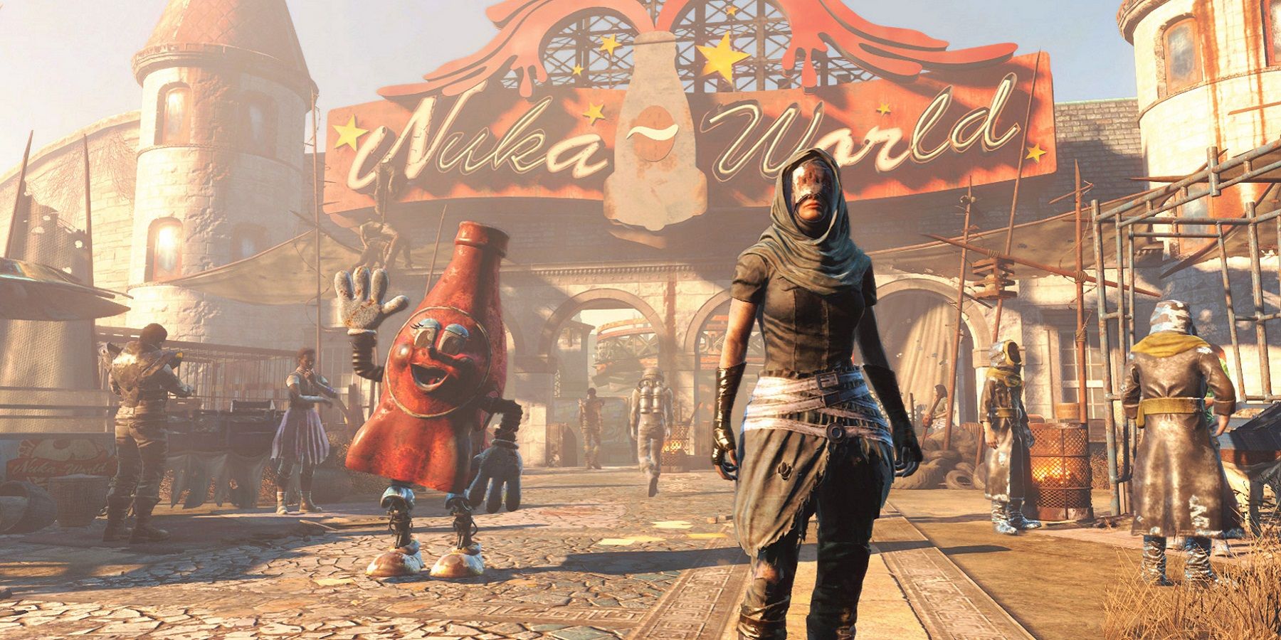 Image from Fallout 4 showing several NPCs stood outside Nuka World.