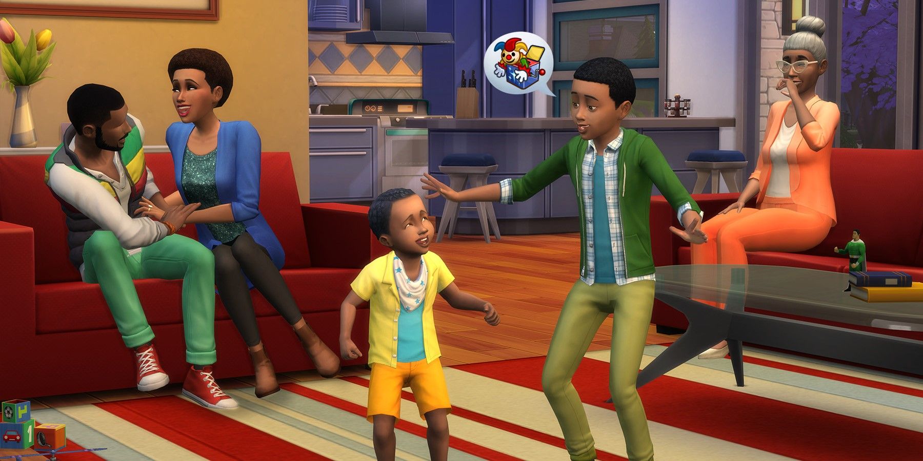 A family sitting in the living room in The Sims 4