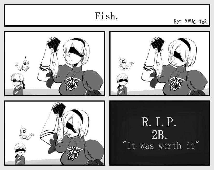 2B eats a fish in NieR: Automata