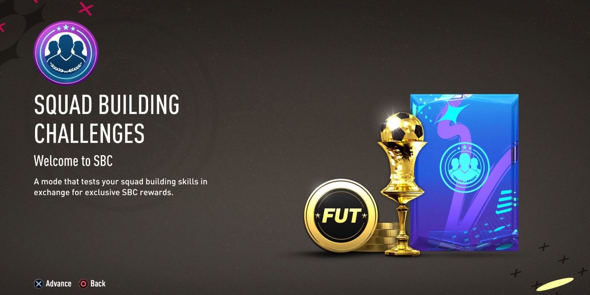 The Squad Building Challenges welcome screen on FIFA 23
