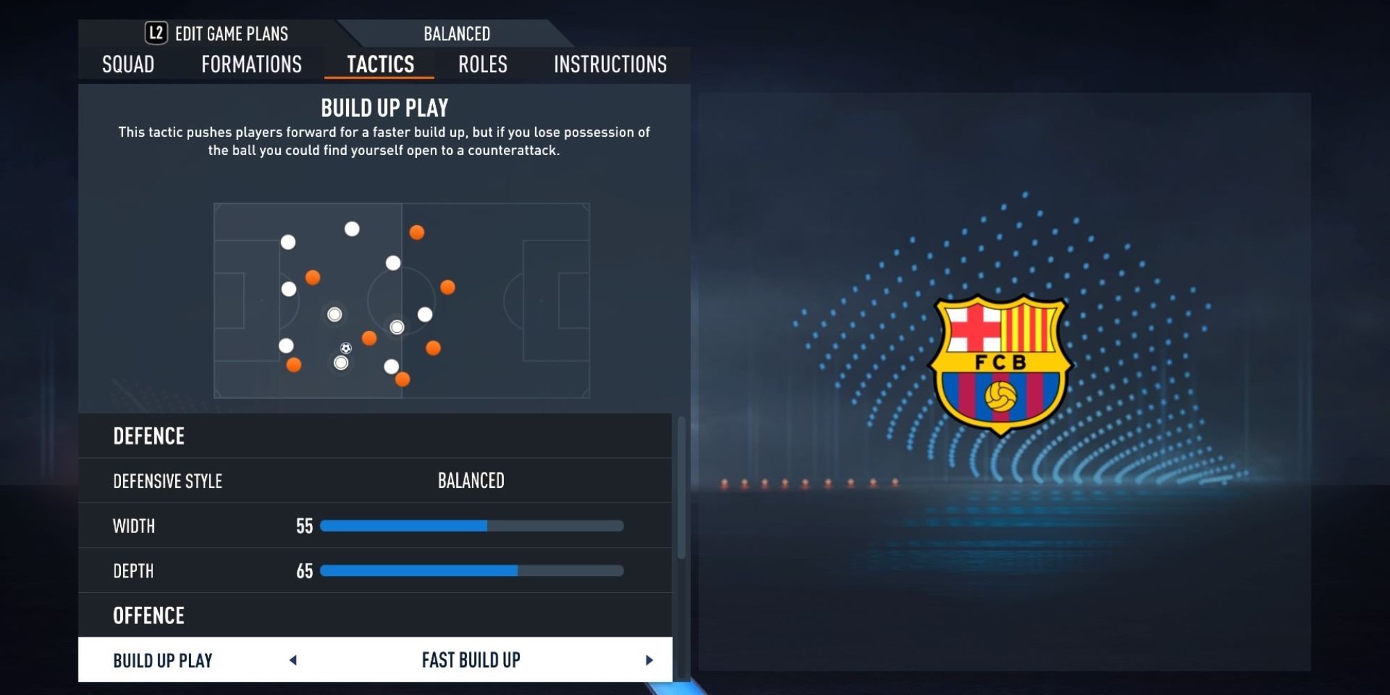 Custom tactics being set up for Barcelona using a 352 formation on FIFA 23