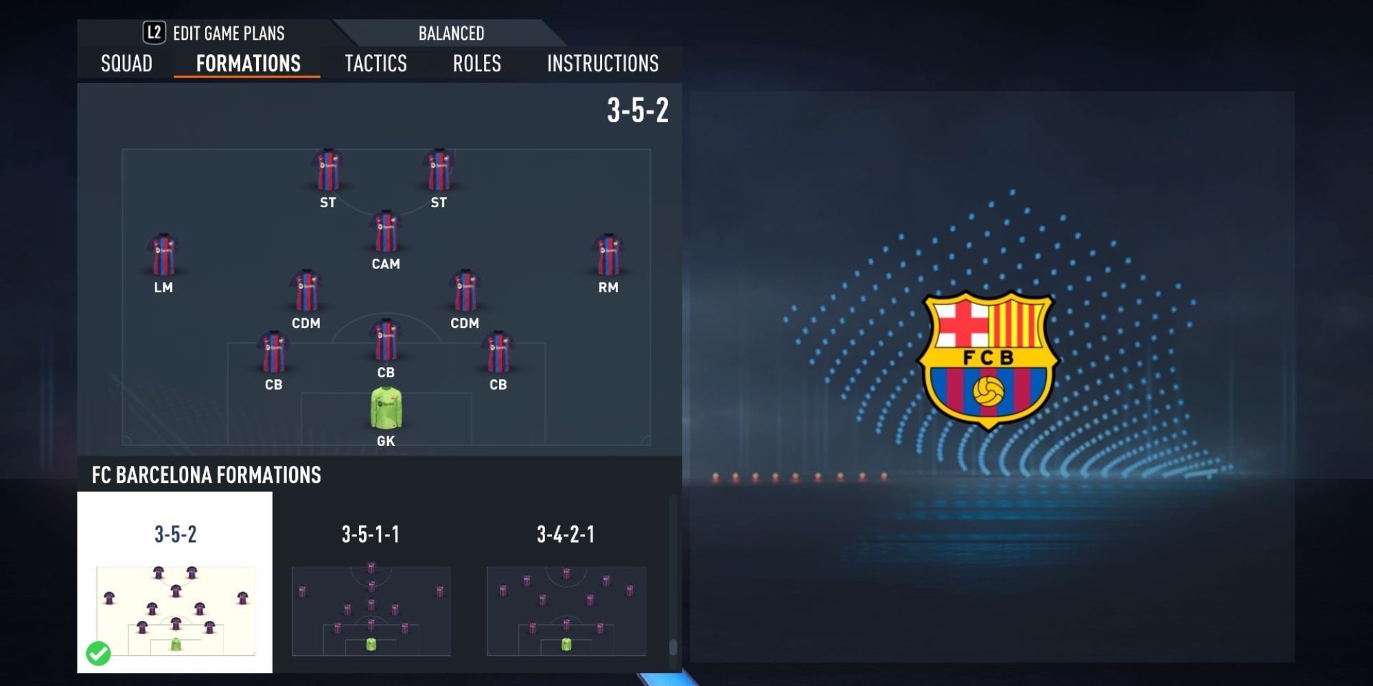Barcelona on FIFA 23 using a 352 formation