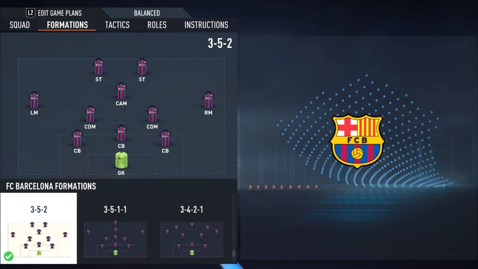 Barcelona on FIFA 23 using a 352 formation