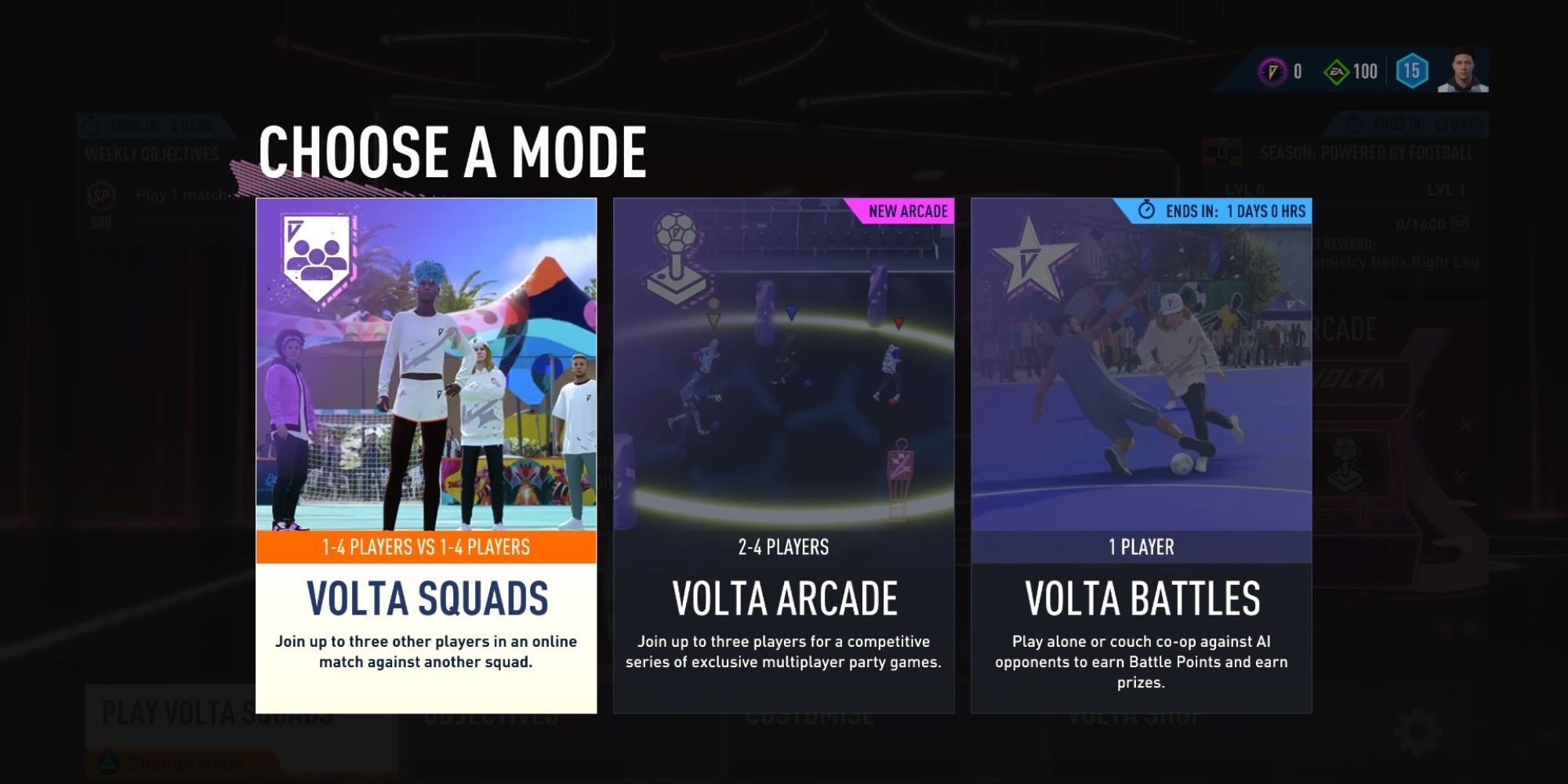 The choose mode page on FIFA 23 Volta