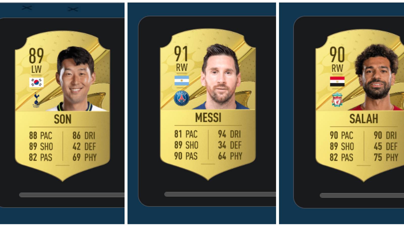 (Left) Son FIFA 23 card (Middle) Messi FIFA 23 card (Right) Salah FIFA 23 card