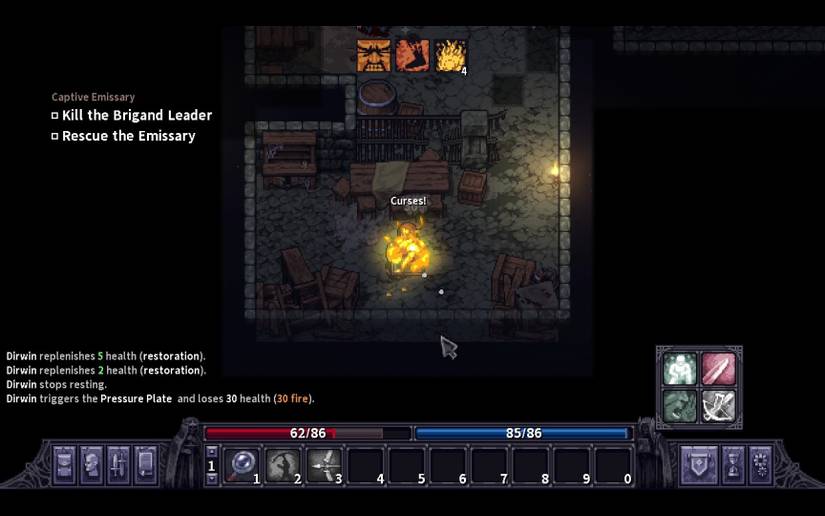 The character is engulfed in flames after having set off a fire trap.