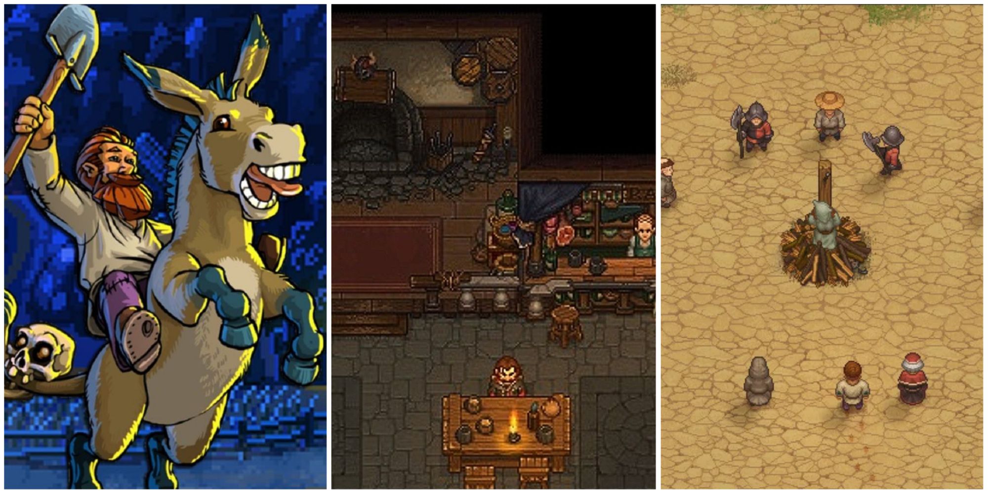 Graveyard Keeper split image with donkey, the Dead Horse tavern, and witch burning