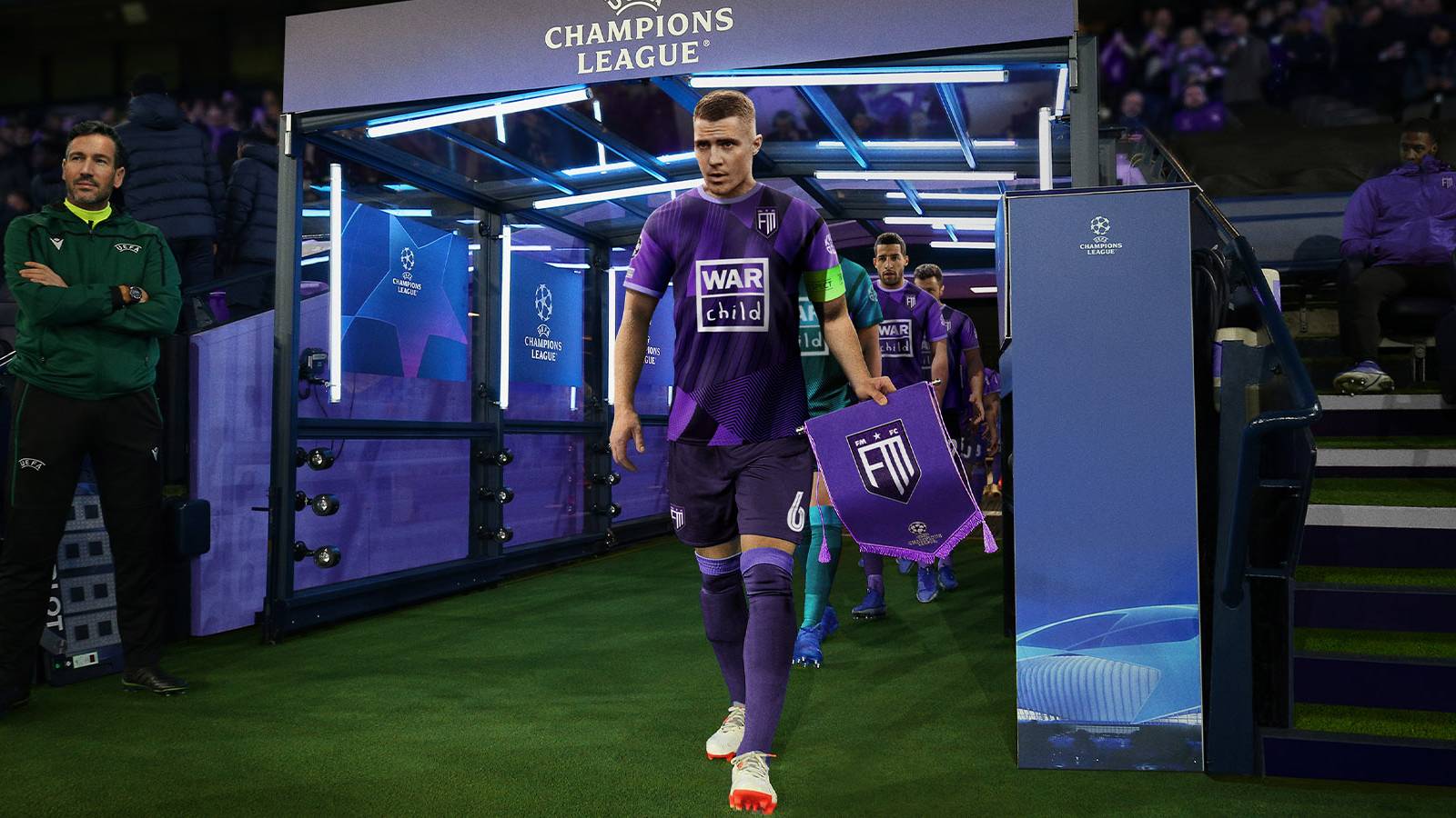 Official Football Manager 2023 art showing a player walking onto the pitch ahead of a UEFA Champions League match.