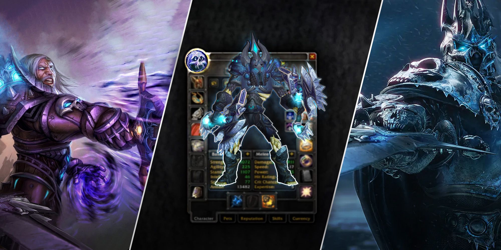 3 side by side images of frost death knights in wow wotlk classic wrath best stats priority for frost death knight