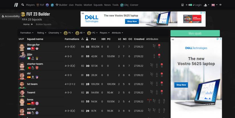 A list of Community Squads on the FUTBIN website
