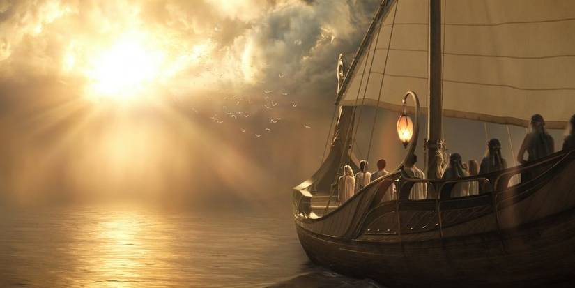Galadriel and a host of elves prepare to sail into the Undying Lands