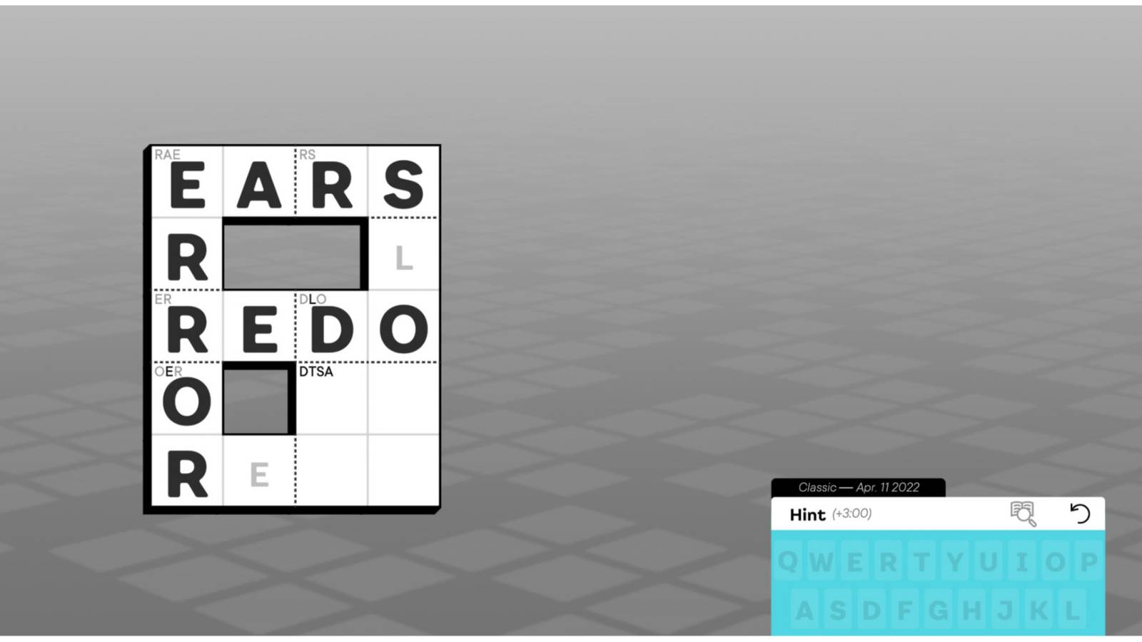 Knotwords gameplay with several boxes filled showing the words 'ears', 'error', and 'redo'