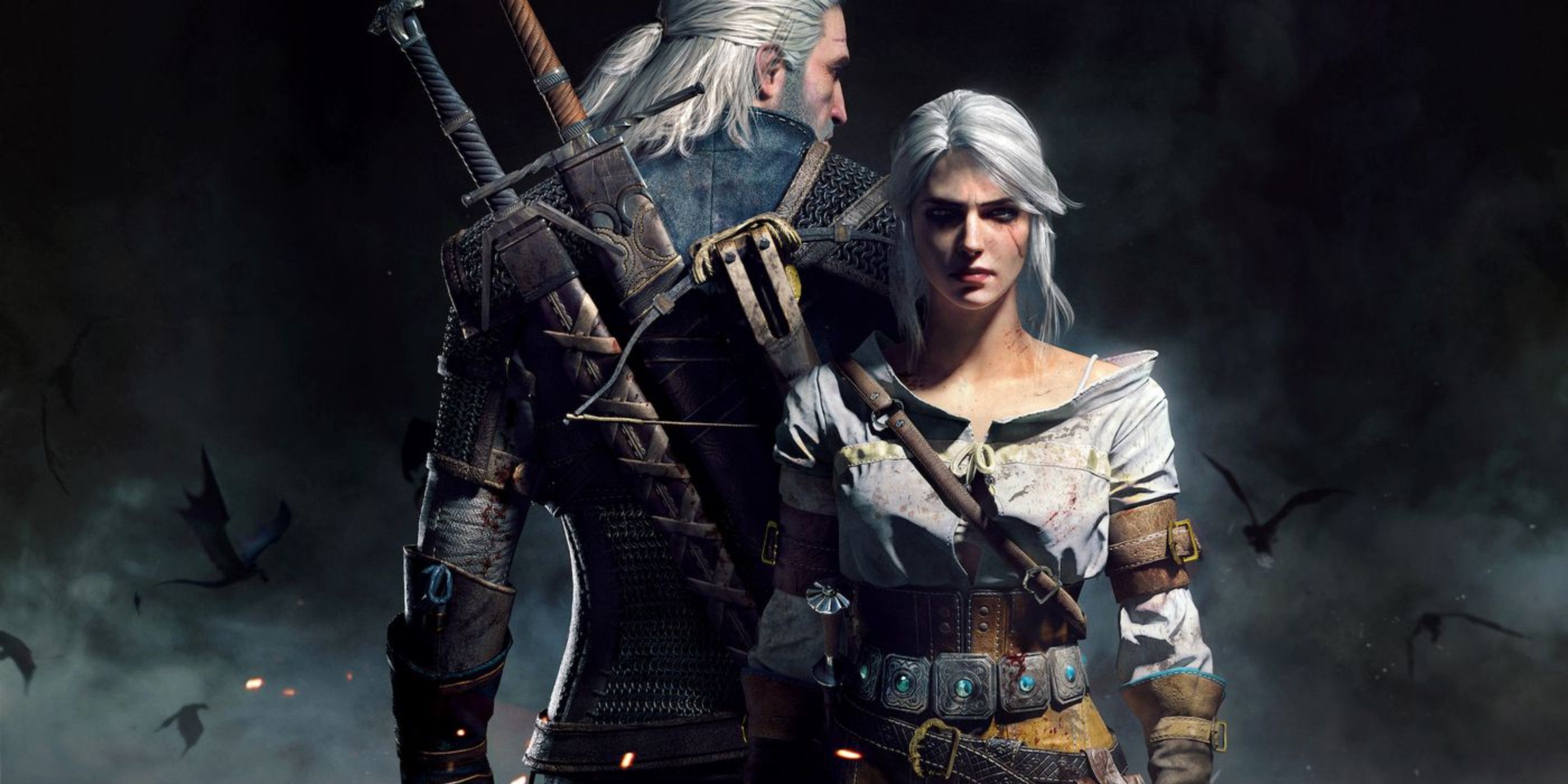 Geralt and Ciri back to back in a promotion image for the witcher 3 wild hunt game