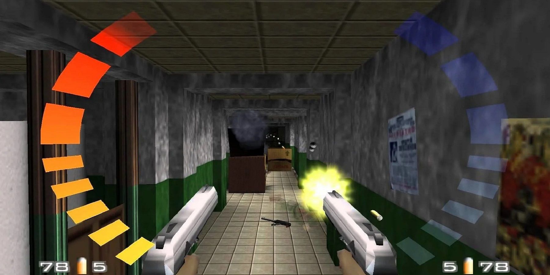 Изображение из GoldenEye 007 на Nintendo 64, показывающее, как Джеймс Бонд стреляет из пистолета по ящикам со взрывчаткой.