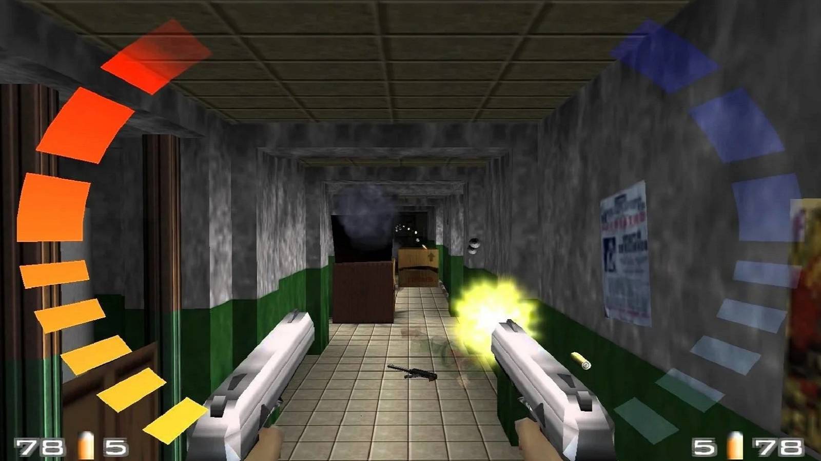 Image from GoldenEye 007 on the Nintendo 64 showing James Bond firing a pistol at some explosive boxes.