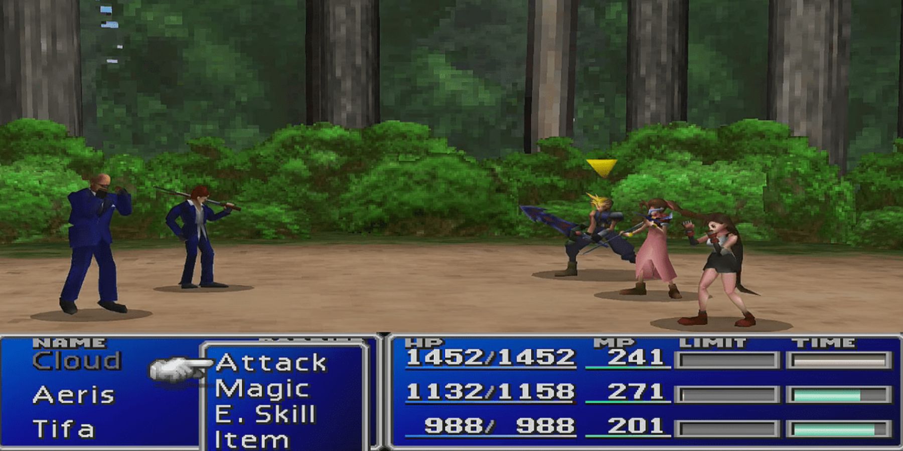 Cloud, Aeris, and Tifa fighting the Turks in Final Fantasy 7