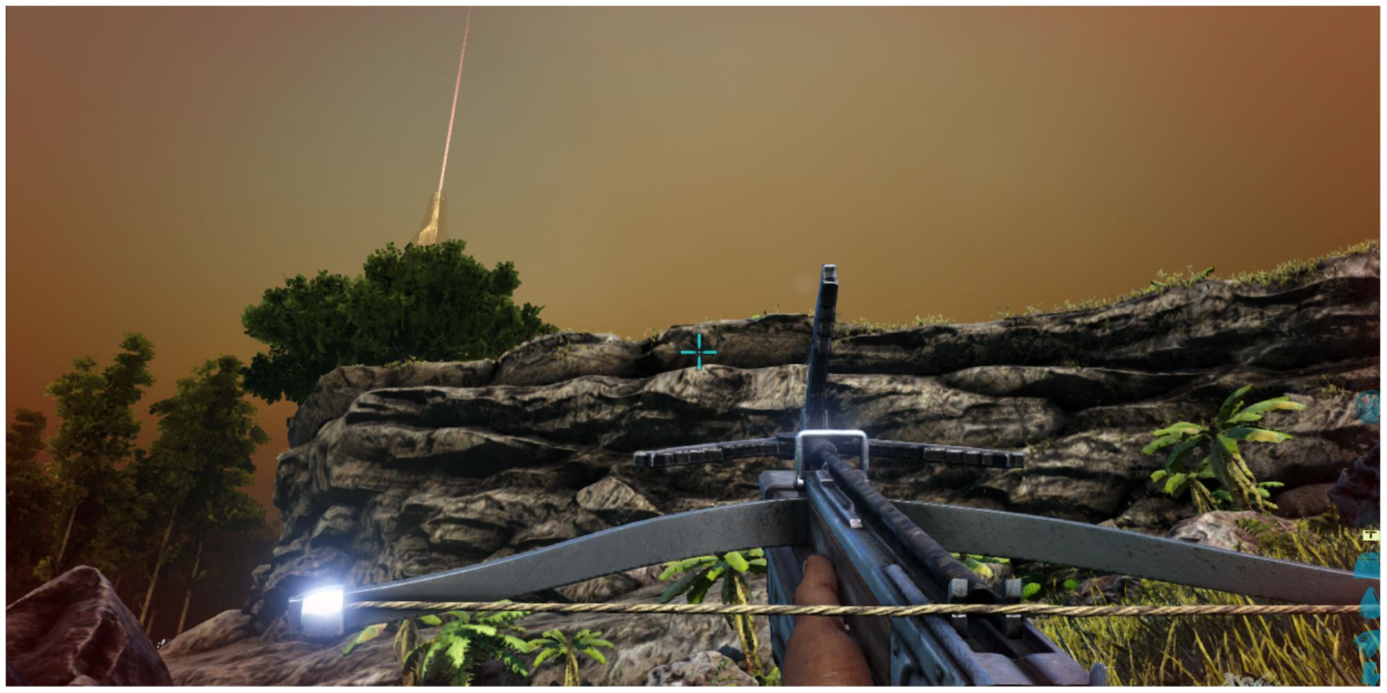 ARK survival evolved player aiming at a cliff with a grappling hook