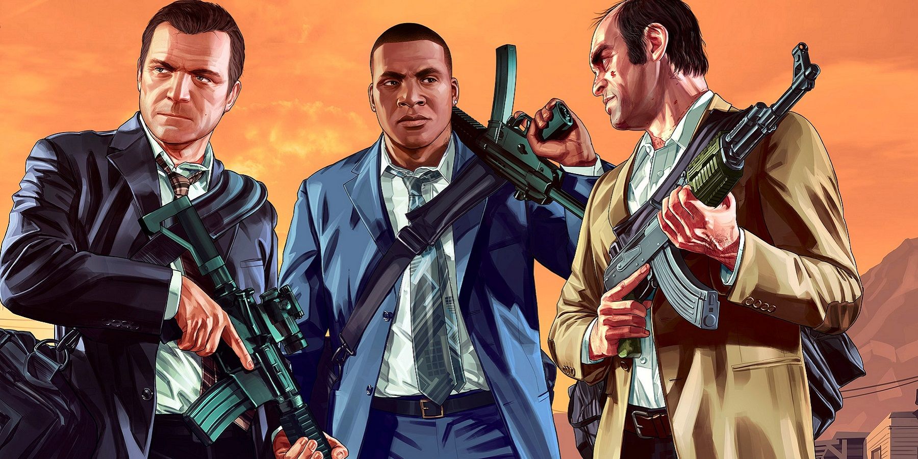 Изображение из Grand Theft Auto 5, показывающее Майкла, Франклина и Тревора в костюмах и с оружием в руках.