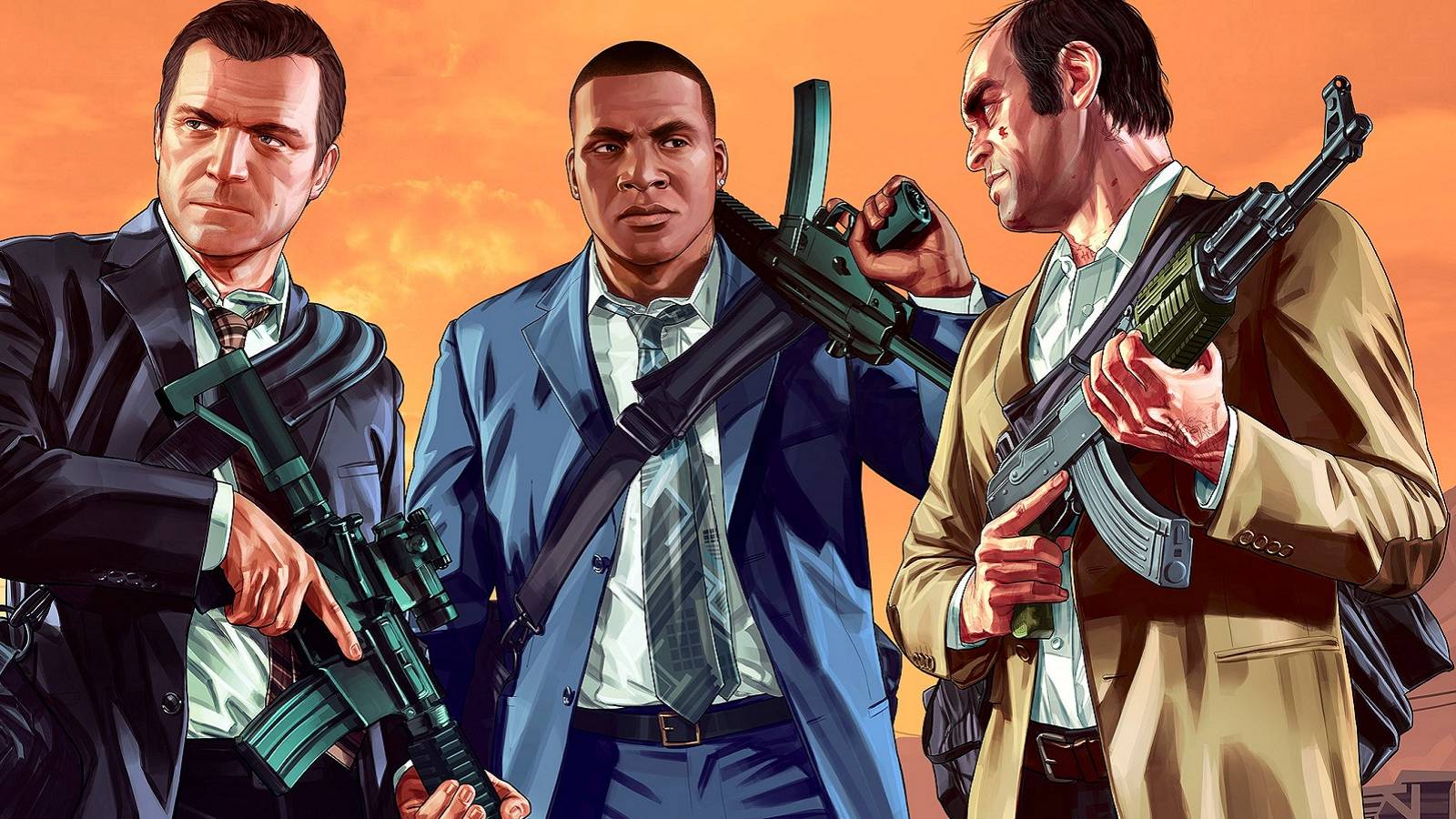Image from Grand Theft Auto 5 showing Michael, Franklin, and Trevor, all donning suits and holding guns.