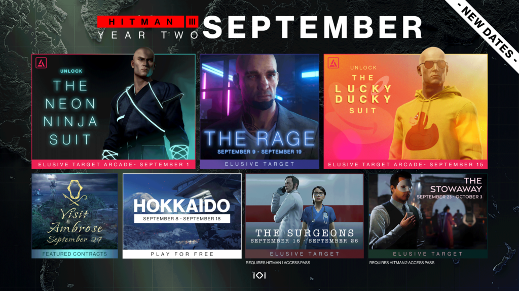 Hitman 3 in-game menu showcasing new content in September 2022.